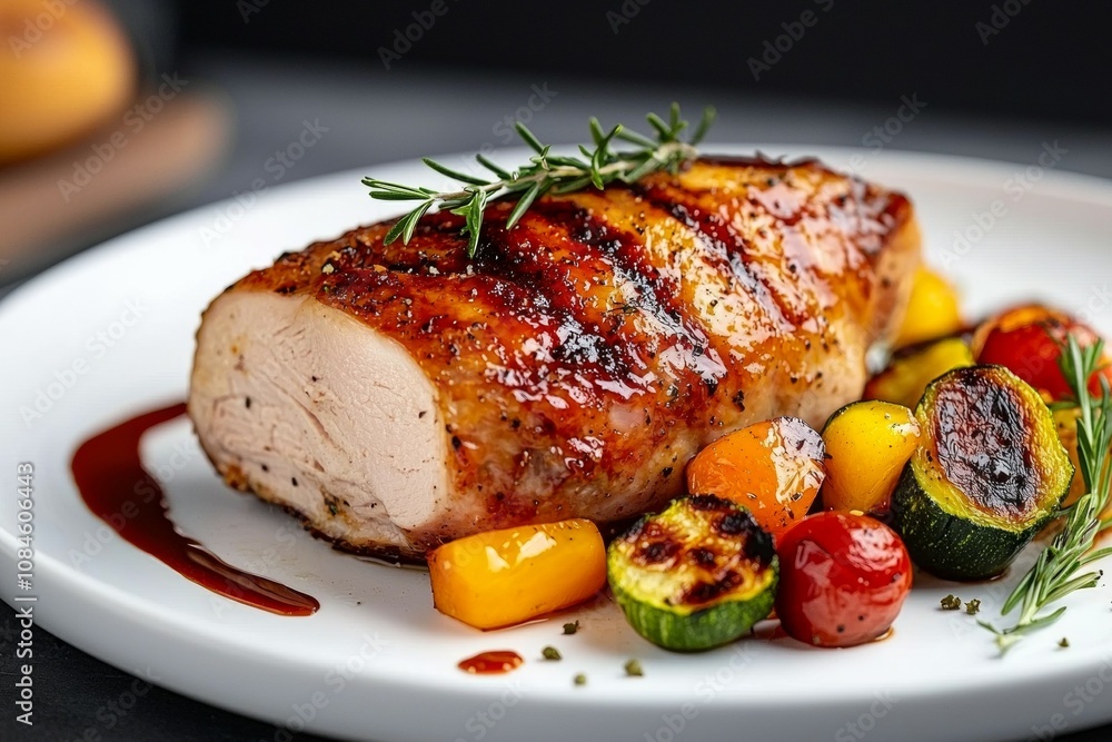 A plate of grilled chicken with vegetables and a sauce A plate of grilled chicken with vegetables and a sauce