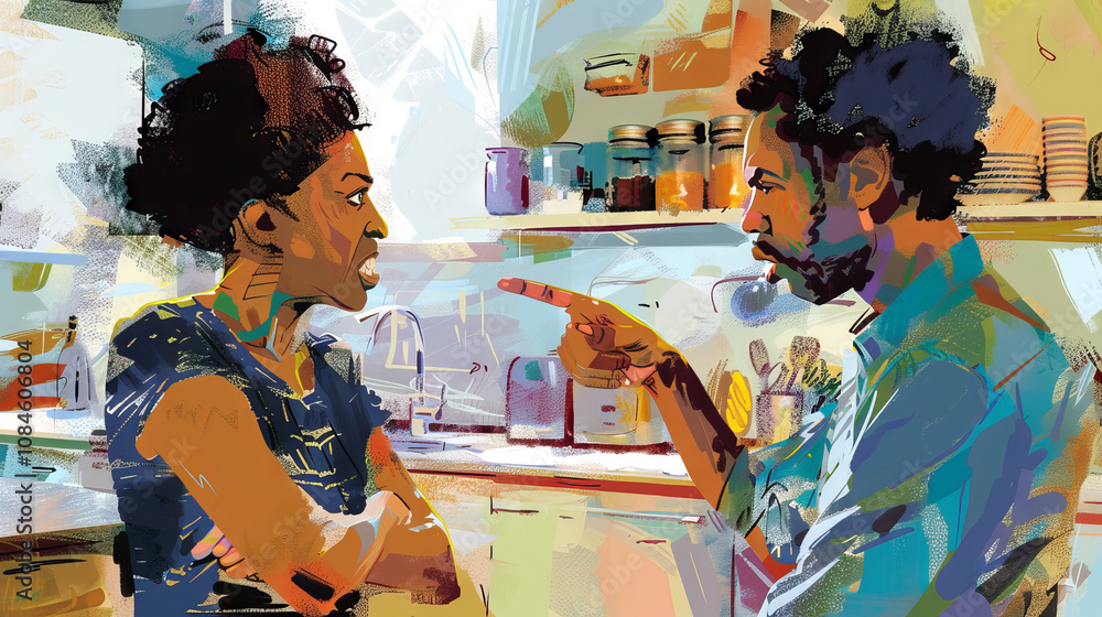 Colorful Art of an African American Couple Engaging in a Heated Argument in the Kitchen. Concept of Relationship Dynamics, Disagreement, Family Conflict, and Emotional Expressions Colorful Art of an African American Couple Engaging in a Heated Argument in the Kitchen. Concept of Relationship Dynamics, Disagreement, Family Conflict, and Emotional Expressions