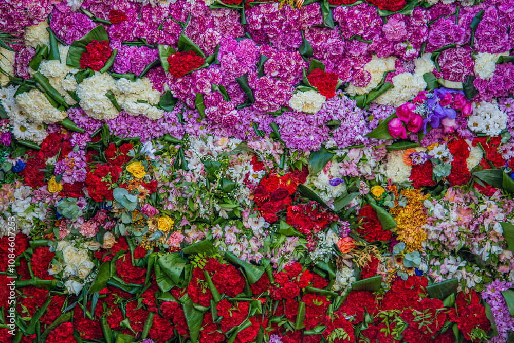 Closeup bouquet's of beautiful natural flowers, flower wall of a thousand styles and colors, Valencia flowers Fallas
