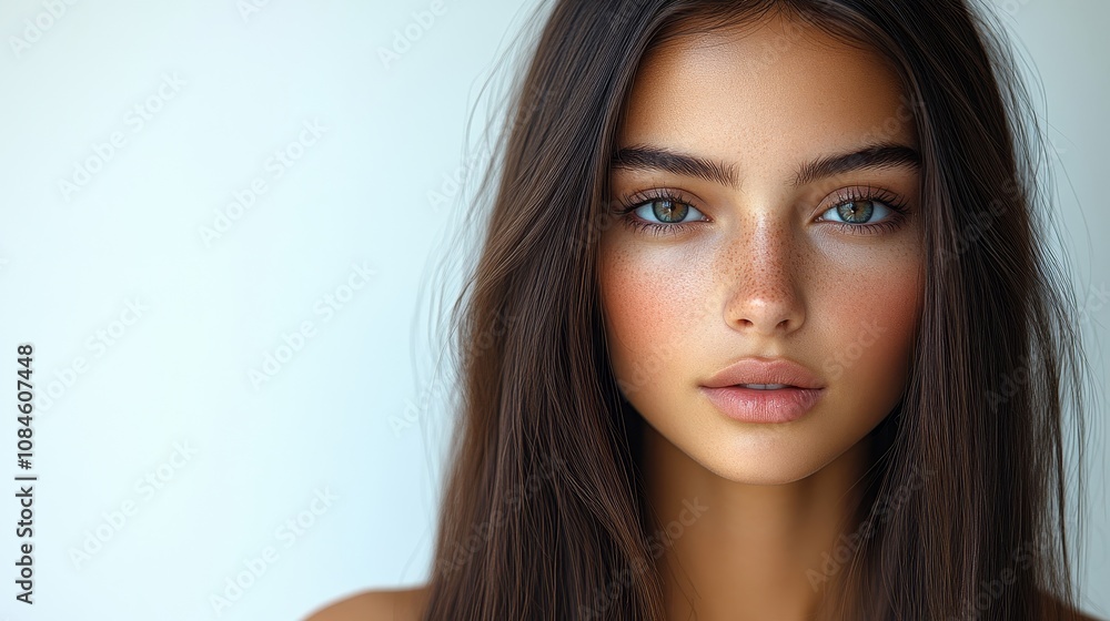 A captivating young woman with striking green eyes and long brown hair poses against a neutral backdrop, showcasing natural beauty and tranquility A captivating young woman with striking green eyes and long brown hair poses against a neutral backdrop, showcasing natural beauty and tranquility