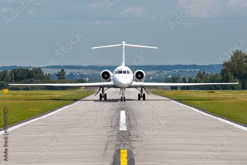 A private jet positioned on a sunny runway, ready for takeoff at a regional airport photo