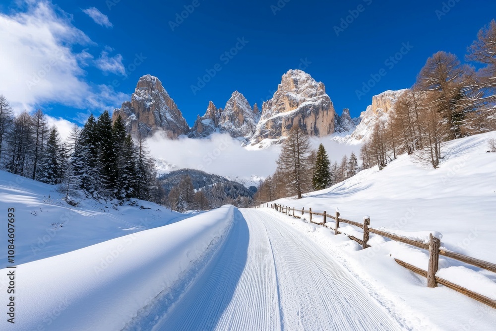 A snow covered road with a fence on the side A snow covered road with a fence on the side