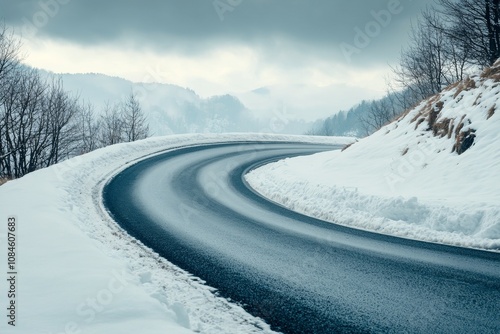 A snowy road with a curve in it