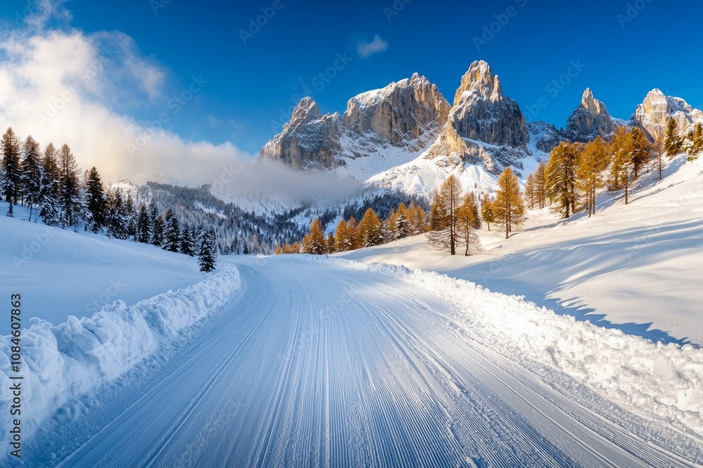A snow covered road with a mountain in the background A snow covered road with a mountain in the background