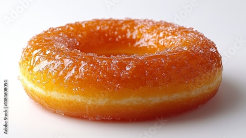 A gleaming orange glazed donut resting on a simple white backdrop ready to be enjoyed with a warm cup of coffee in the morning light photo