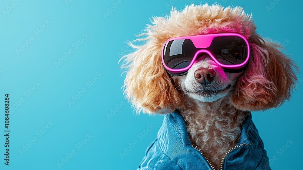 A fashionable poodle wearing cool sunglasses poses stylishly against a vibrant blue backdrop, exuding personality and charm A fashionable poodle wearing cool sunglasses poses stylishly against a vibrant blue backdrop, exuding personality and charm