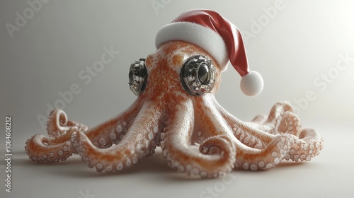 An adorable octopus wearing a festive Santa hat, celebrating the holiday spirit in an enchanting underwater world photo