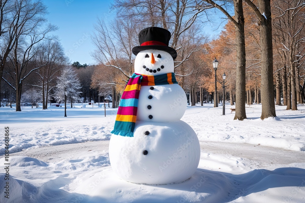 Fototapeta premium Charming Snowman with Colorful Scarf in Picturesque Winter Park