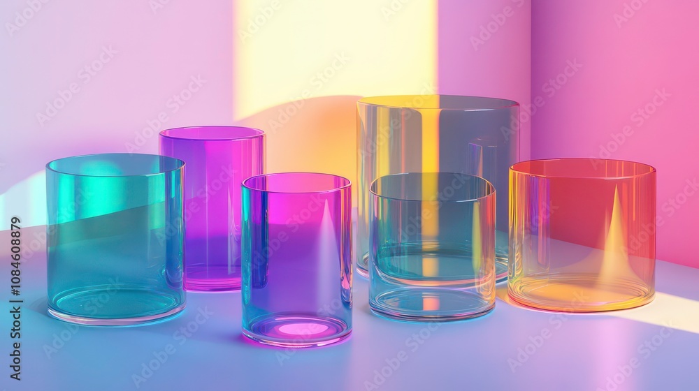 Arrangement of transparent glass containers with vibrant colored reflections in a minimalist studio setup Arrangement of transparent glass containers with vibrant colored reflections in a minimalist studio setup