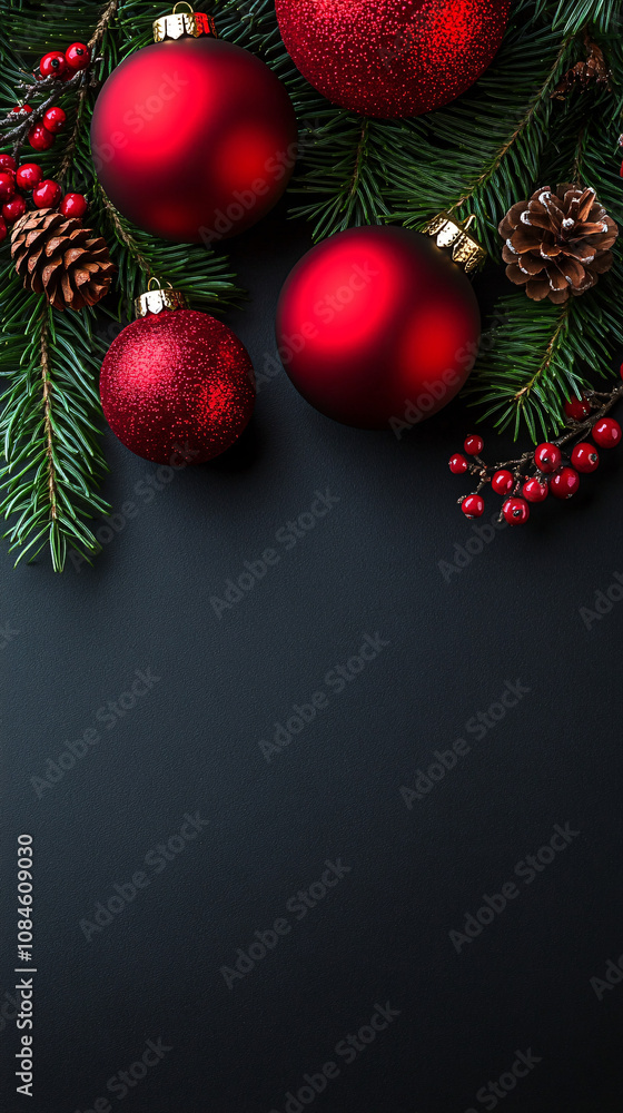Elegant red ornaments with green branches on a black background, creating a festive holiday scene. Elegant red ornaments with green branches on a black background, creating a festive holiday scene.