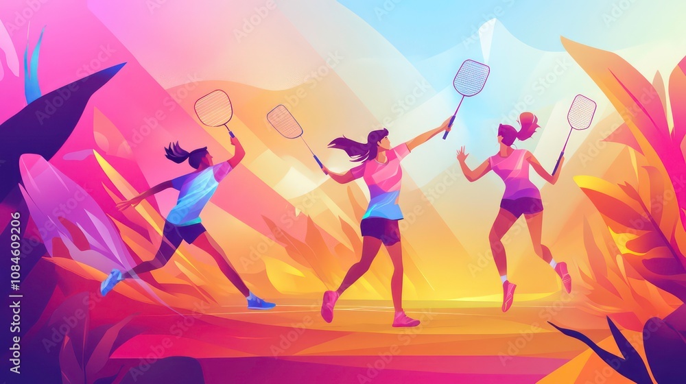 Three women playing badminton in a colorful, vibrant landscape. Three women playing badminton in a colorful, vibrant landscape.