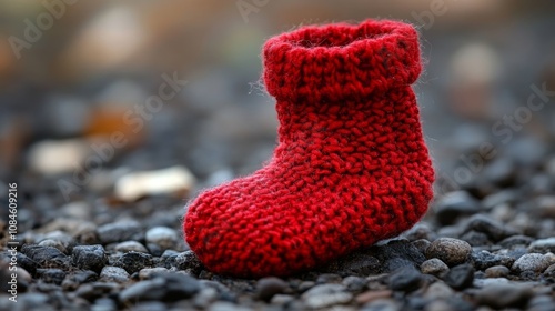 Cozy red knitted baby bootie on a textured surface photo