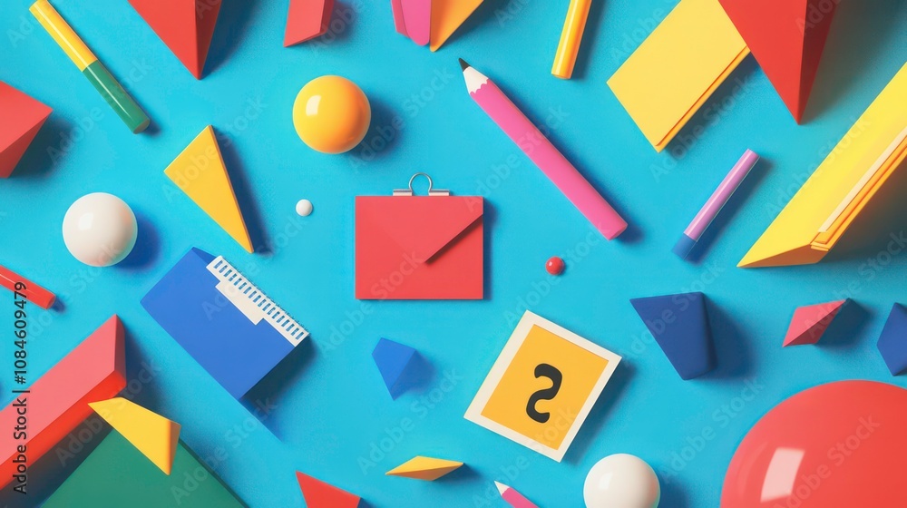 A flat lay of colorful geometric shapes, stationery, and objects on a blue background. A flat lay of colorful geometric shapes, stationery, and objects on a blue background.