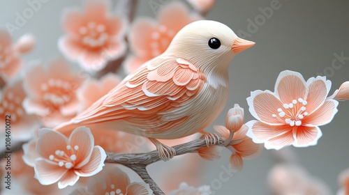 Beautifully crafted paper bird perched on a cherry blossom branch