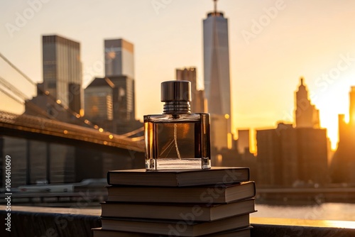 Mockup of a blank perfume bottle placed in front of a blurred cityscape, ideal for branding or product design. photo