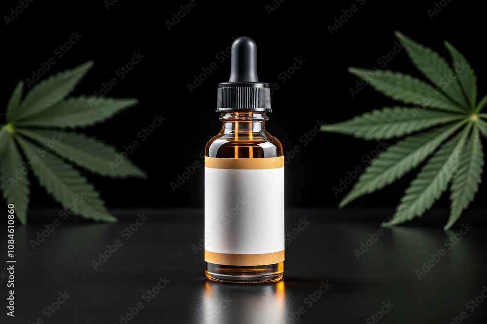 Mockup of a blank dropper bottle containing CBD oil, surrounded by fresh hemp leaves, perfect for branding and packaging. Mockup of a blank dropper bottle containing CBD oil, surrounded by fresh hemp leaves, perfect for branding and packaging.