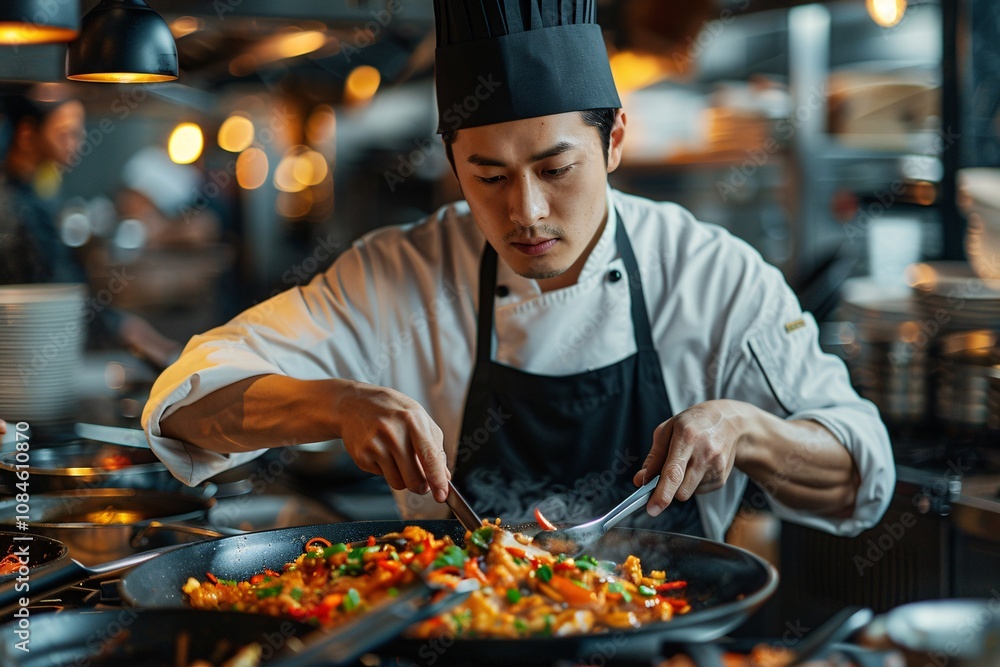 A skilled chef is focused on crafting a vibrant stir-fry, blending fresh vegetables and proteins in a hot pan. The lively atmosphere of a restaurant kitchen highlights culinary artistry at dusk A skilled chef is focused on crafting a vibrant stir-fry, blending fresh vegetables and proteins in a hot pan. The lively atmosphere of a restaurant kitchen highlights culinary artistry at dusk