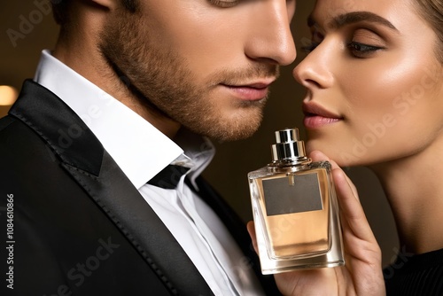 Close-up of a man holding a blank perfume bottle, perfect for branding, logo placement, or product design mockups. Template.