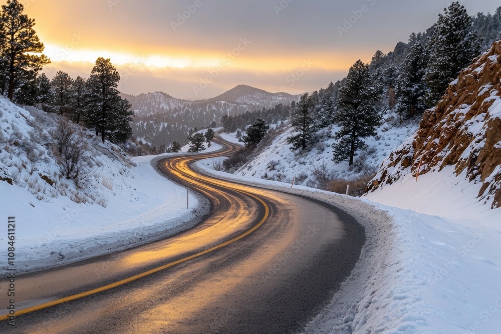 A snowy road with a yellow line and a mountain in the background A snowy road with a yellow line and a mountain in the background