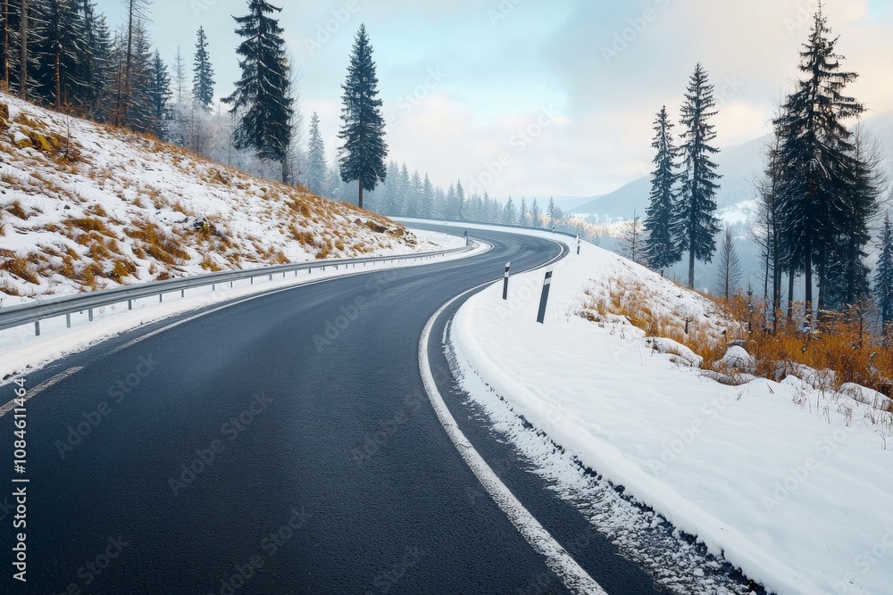 A snowy road with trees in the background A snowy road with trees in the background