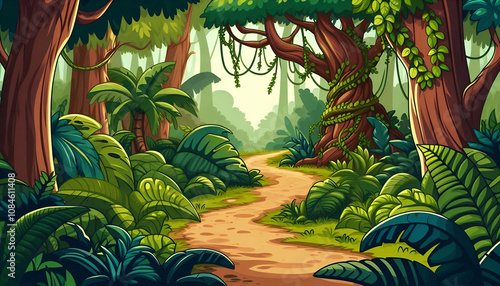 A Cartoonic Jungle Path With Trees Forest Background