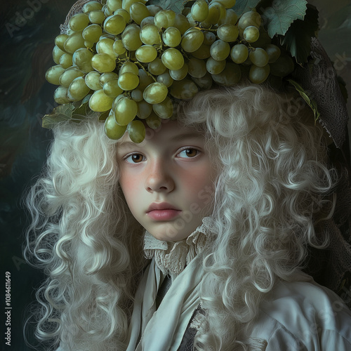 hotographic, cinematic, hyper detailed portrait of a beautiful BOY, with long, curly hair totally white, light brown eyes, in medieval clothing, with an with an arrangement of GREEN GRAPES ON THE HEAD photo