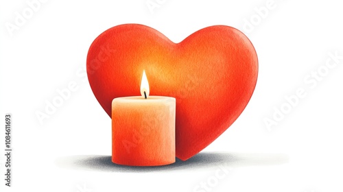 A vibrant red heart next to a glowing orange candle, symbolizing love, warmth, and affection in a cozy atmosphere.