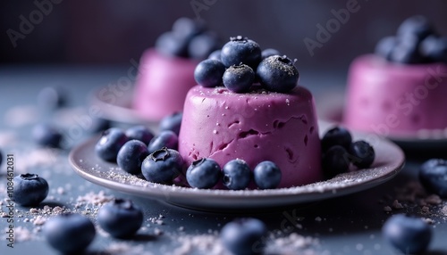 Gourmet dessert featuring creamy berry mousse beautifully presented with fresh blueberries on top, surrounded by scattered berries. Vibrant colors and tempting textures create a delightful culinary ex photo