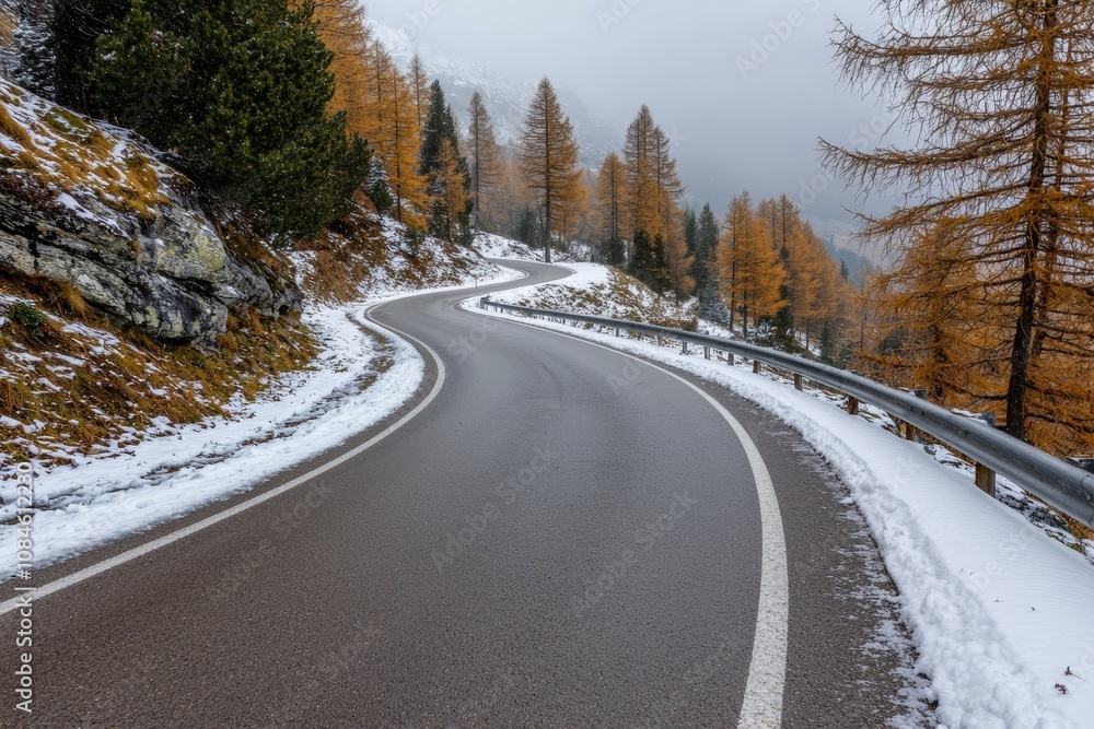 A snowy road with a curve and trees in the background A snowy road with a curve and trees in the background