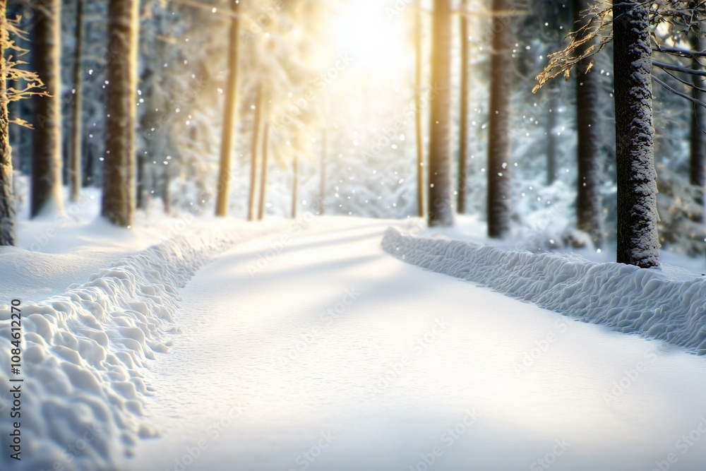 A snow covered road with trees in the background A snow covered road with trees in the background