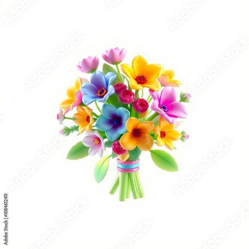 3D Enchanted Bouquet of Flowers Holographic Icon with Glowing Rune Aesthetic for Whimsical Design Projects on White Background