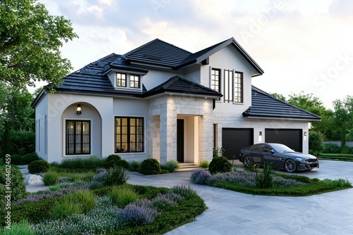 A large house with a black car parked in the driveway