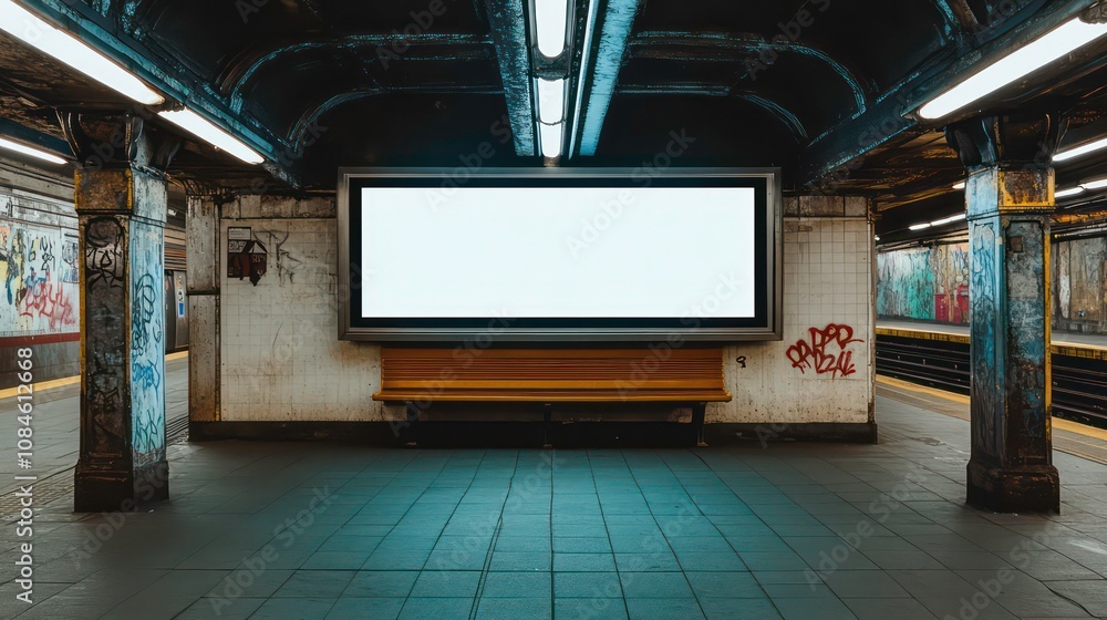 An empty advertising billboard inside a subway station, with a bench and graffiti visible An empty advertising billboard inside a subway station, with a bench and graffiti visible
