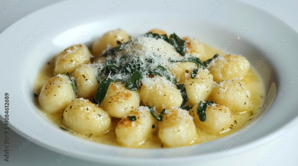 An elegant plate of homemade gnocchi with a light sage butter sauce and grated Parmesan, set against a white background to emphasize the dish delicate and refined presentation. An elegant plate of homemade gnocchi with a light sage butter sauce and grated Parmesan, set against a white background to emphasize the dish delicate and refined presentation.
