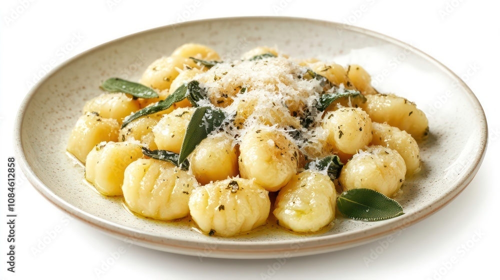 An elegant plate of homemade gnocchi with a light sage butter sauce and grated Parmesan, set against a white background to emphasize the dish delicate and refined presentation. An elegant plate of homemade gnocchi with a light sage butter sauce and grated Parmesan, set against a white background to emphasize the dish delicate and refined presentation.