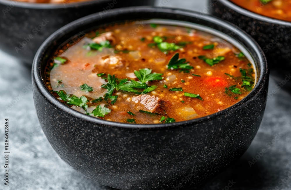 hearty beef and vegetable soup in a black bowl hearty beef and vegetable soup in a black bowl