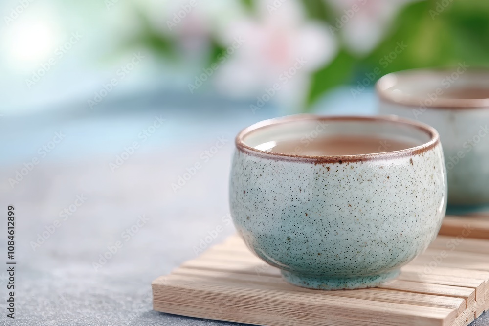 Ceramic mug on wooden board with blurred nature background Ceramic mug on wooden board with blurred nature background