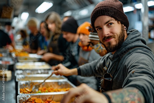 A group of volunteers works together in a lively kitchen, preparing meals for their community during a food drive. Everyone contributes to the cooking and packaging process photo