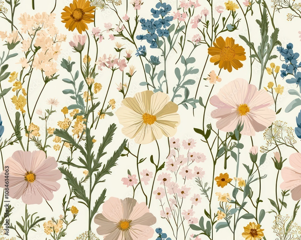 A seamless floral pattern wallpaper featuring wildflowers in a pastel color palette, ideal for cheerful spaces A seamless floral pattern wallpaper featuring wildflowers in a pastel color palette, ideal for cheerful spaces