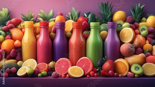 An array of colorful fruits and juice bottles arranged artistically, evoking a sense of freshness, health, and vibrant living.