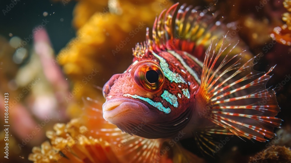Vibrant Marine Life: A Close-Up of a Striking Red and Blue Spotted Fish in its Coral Reef Habitat Vibrant Marine Life: A Close-Up of a Striking Red and Blue Spotted Fish in its Coral Reef Habitat