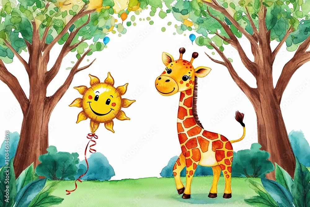 Fototapeta premium Joyful Giraffe Watercolor Art with Sun Balloon Above Treetops for Children's Celebrations