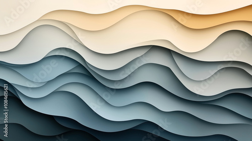 Abstract layered background with undulating curves in shades of blue and beige creating a wavy pattern. The design suggests a serene and fluid motion resembling waves or dunes.