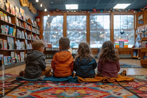 Four children sit together on a vibrant rug inside a warm bookstore. They gaze out at the winter scenery, surrounded by rows of books and twinkling lights photo