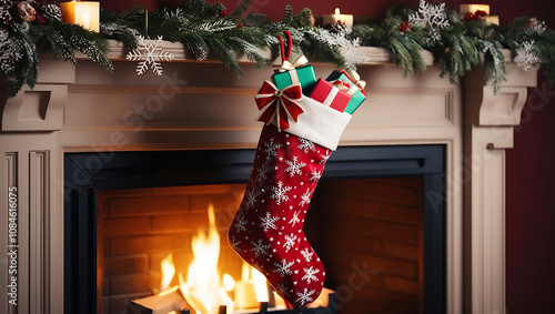 Christmas stocking filled with gifts hangs above a fireplace with a warm fire. photo