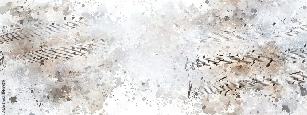 Fototapeta premium Musical staff border on light gray background with snow garlands