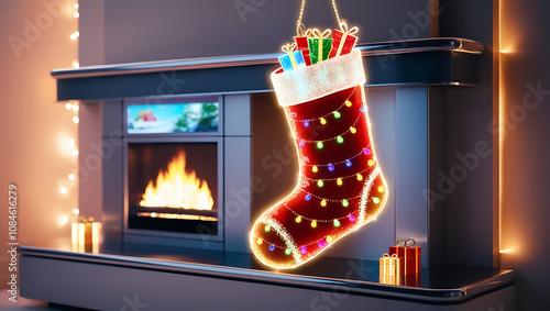 Christmas stocking with gifts hanging on fireplace mantel. photo