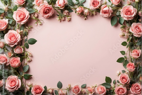 Beautiful Pink Rose Frame with Green Leaves for Wedding or Valentine's Greeting