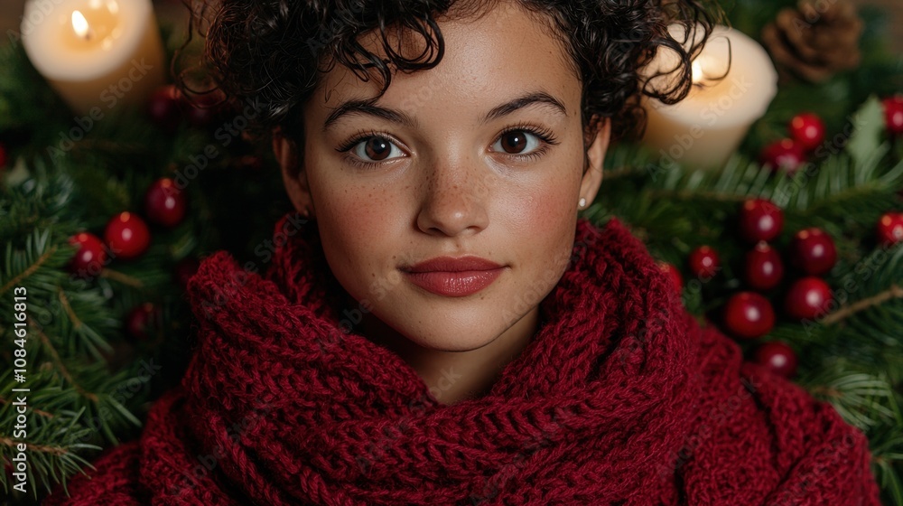 young woman in red scarf surrounded by christmas decor young woman in red scarf surrounded by christmas decor