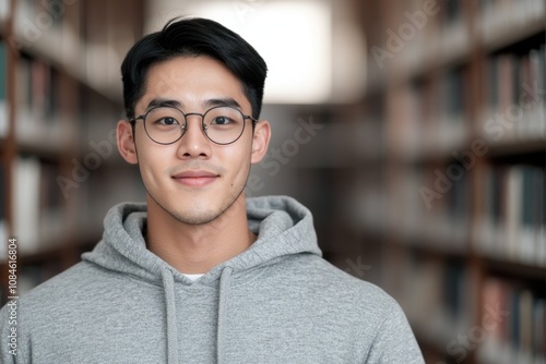 young asian man with glasses looking at camera